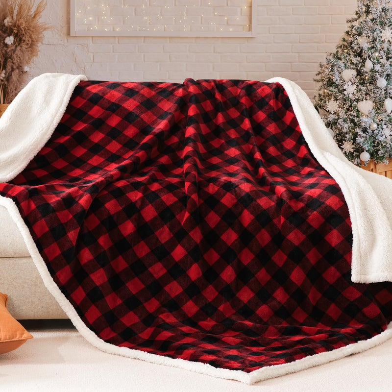 BEAUTEX Christmas Sherpa Fleece Throw Blanket, Super Soft Warm Buffalo Plaid Plush Blankets and Throws, Warm Winter Cozy Fuzzy Blanket for Couch Sofa Bed (Red, 50" x 60") - Image 4